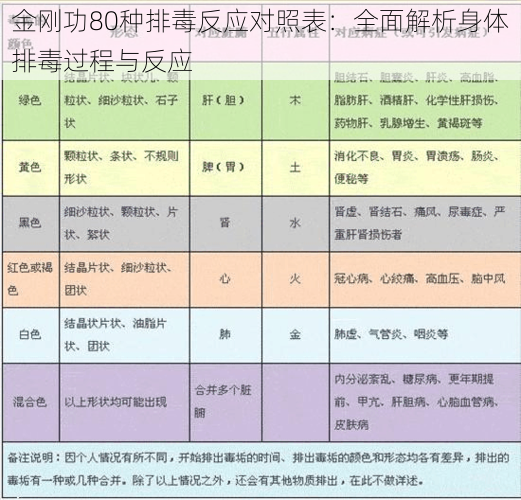 金刚功80种排毒反应对照表：全面解析身体排毒过程与反应