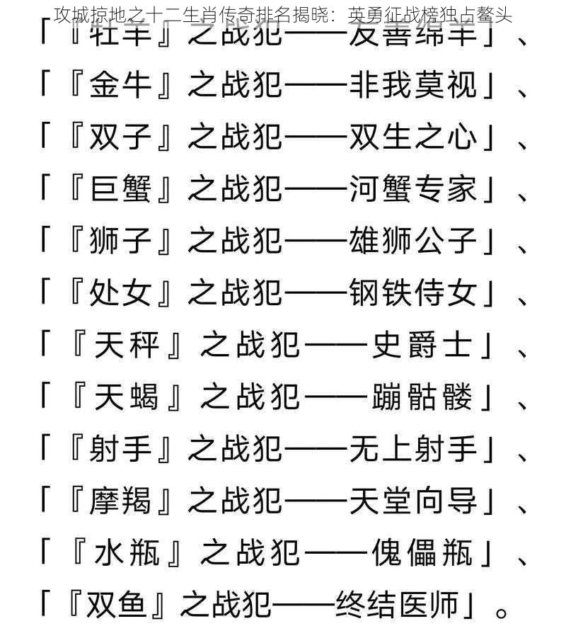 攻城掠地之十二生肖传奇排名揭晓：英勇征战榜独占鳌头