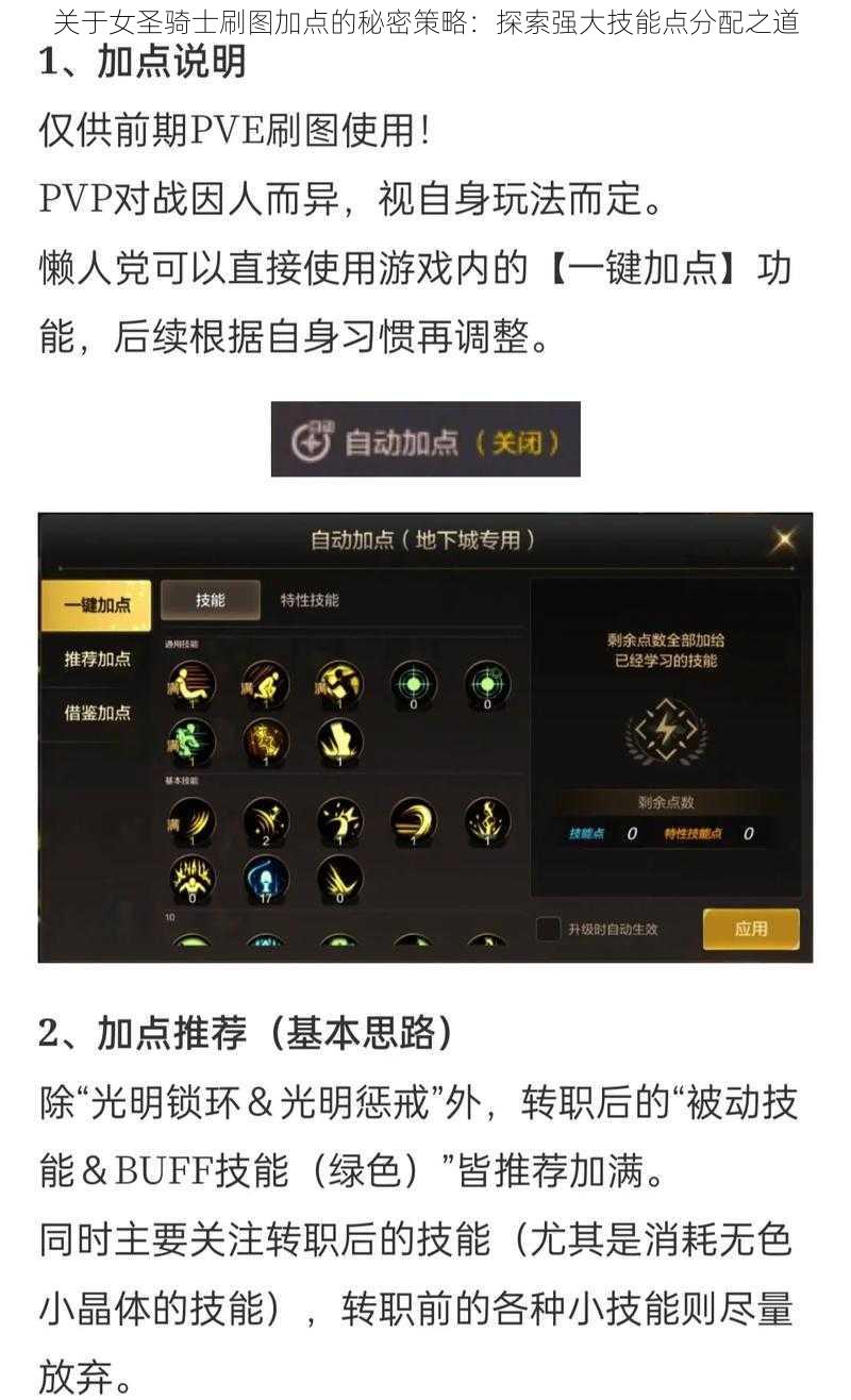 关于女圣骑士刷图加点的秘密策略：探索强大技能点分配之道