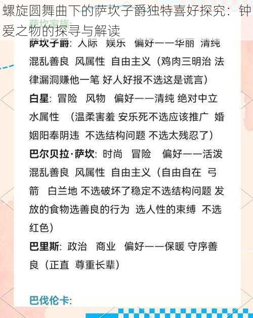 螺旋圆舞曲下的萨坎子爵独特喜好探究：钟爱之物的探寻与解读